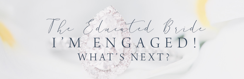 a pear shaped engagment ring sitting on top of white flowers with text overlay saying I'm engaged, what's next? at the American Tobacco Campus