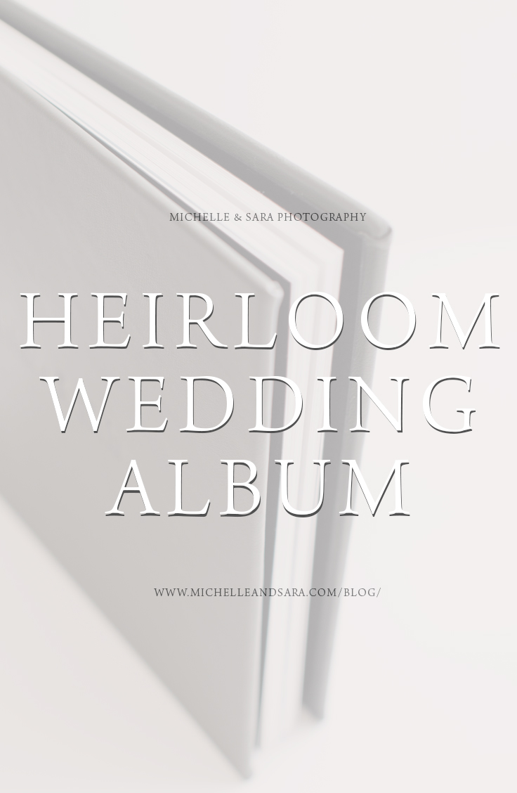 gray leather bound album underneath heirloom wedding album text