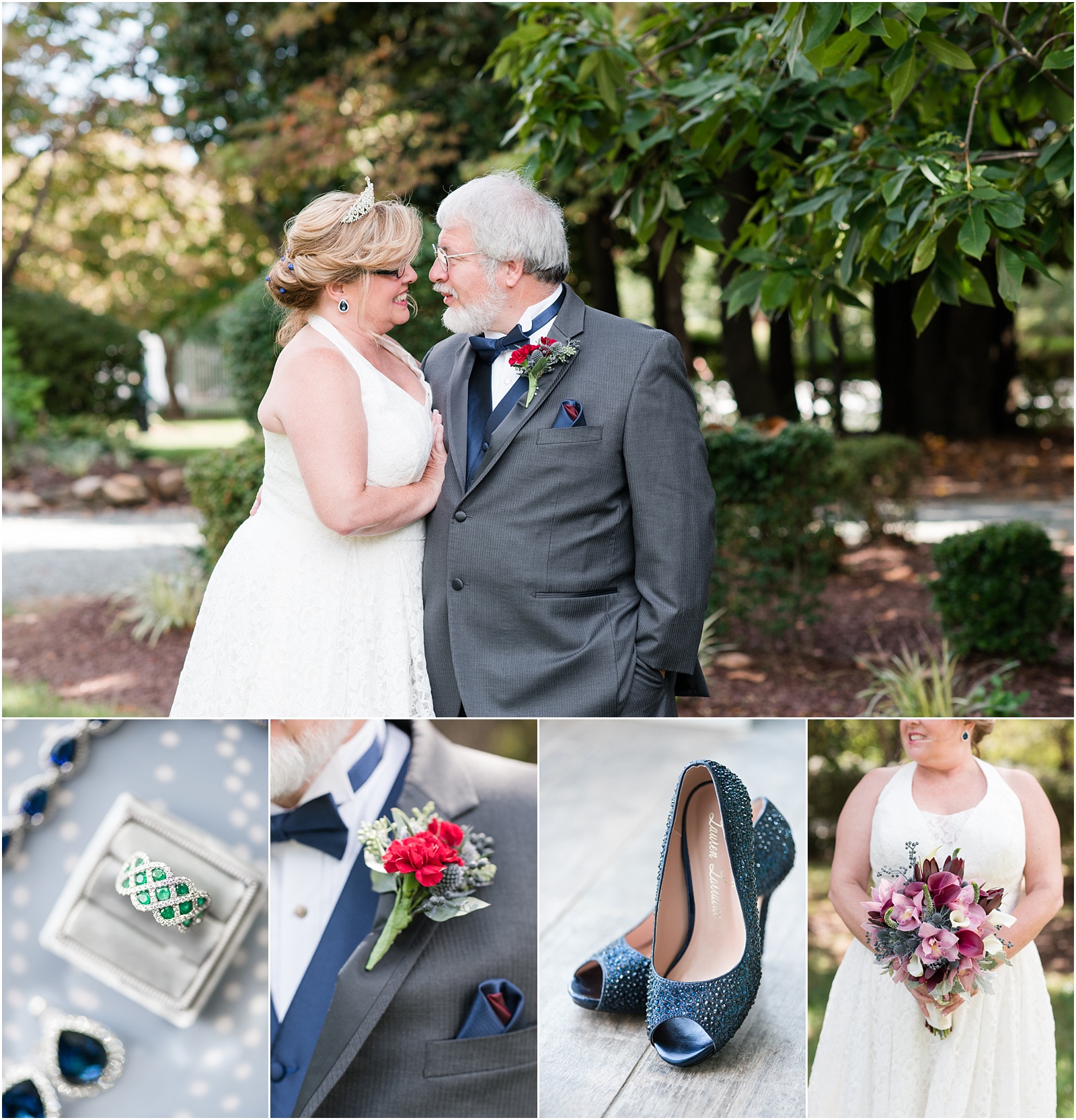 Michelle and Sara Photography, Michelle and Sara weddings, michelle robinson photography, burke manor inn, fall wedding, red and purple floral, navy blue details, green gem engagement ring, navy blue suit, grey suit
