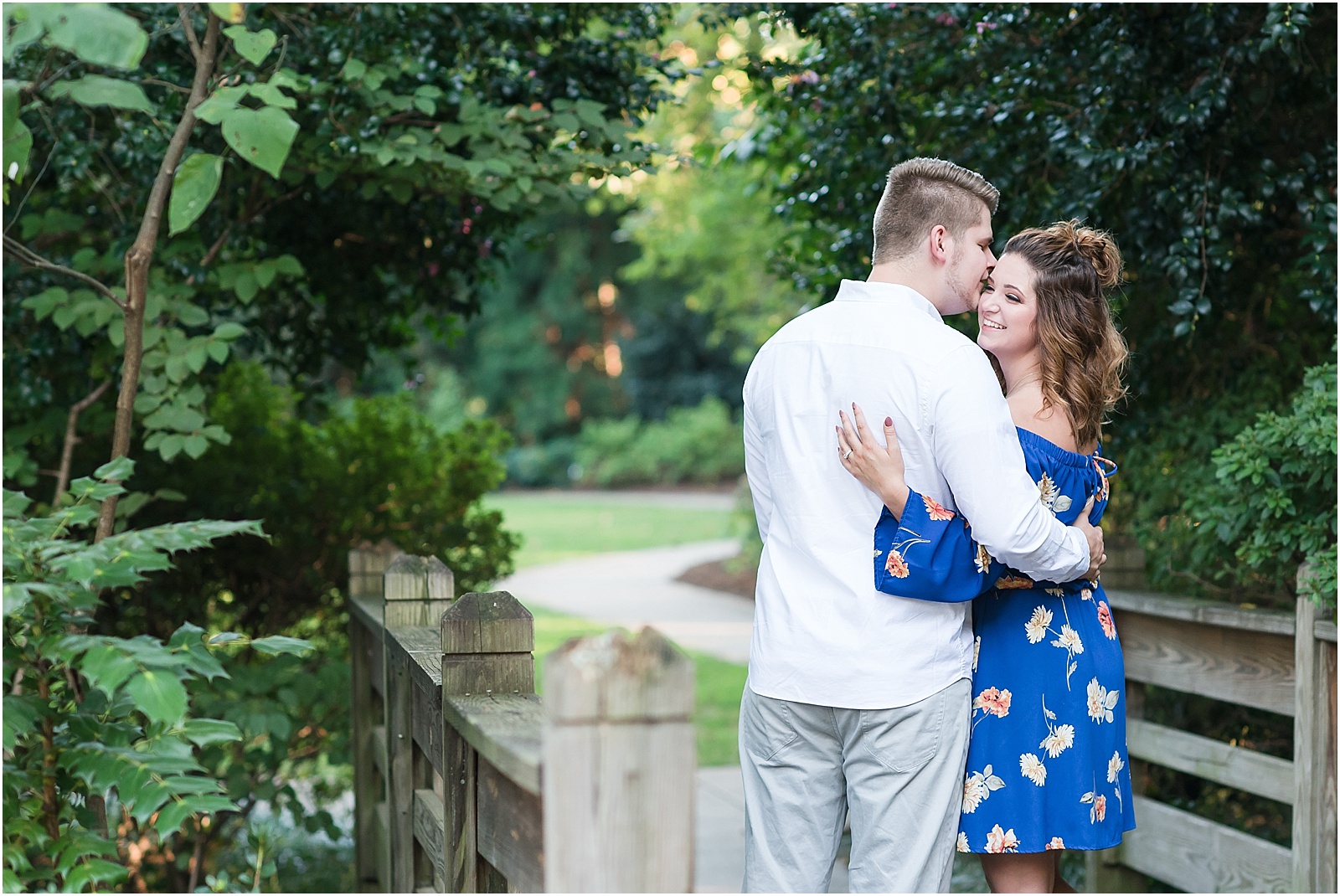 michelle and sara photography, greensboro arboretum engagement session, floral dress, white shirt, grey pants, arboetum engagement session