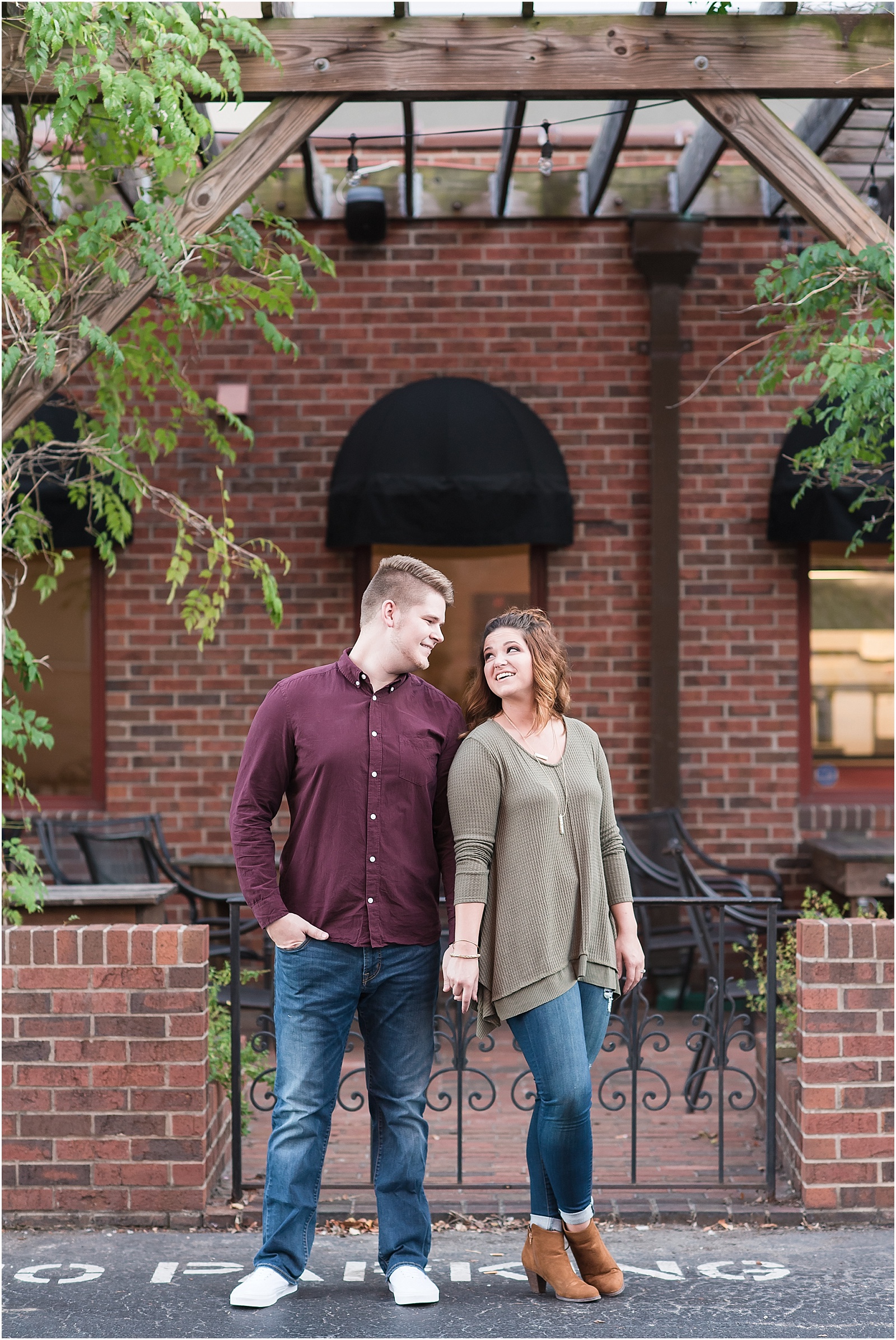 michelle and sara photography, downtown greensboro, brick engagement session, industrial engagement session, fall engagement session, fall inspired clothing, fall inspired engagement session