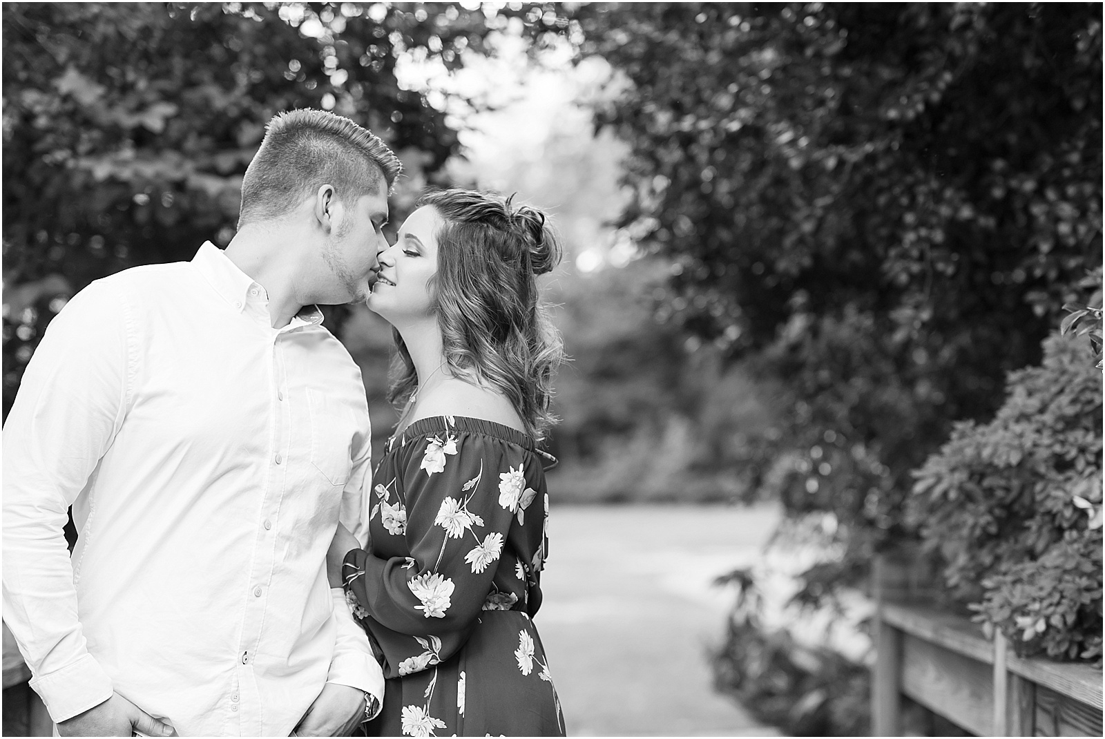 michelle and sara photography, greensboro arboretum engagement session, looking back, spring dress, greensboro arboretum, black and white, black and white engagement session