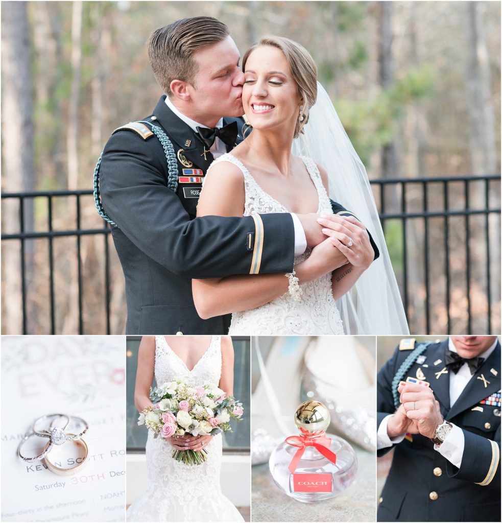 a military wedding day collage with the main photo being a bride and groom snuggling together, bride holding pink and white bouquet, ring shot on invitation suite, bottle of coach perfume, and groom fixing his watch
