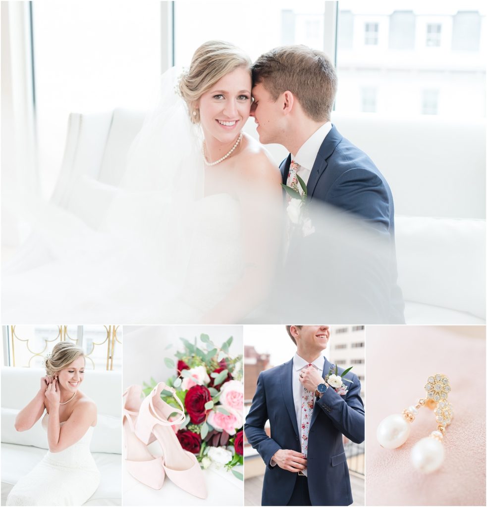 a photo collage of a wedding at the Glass Box 230 and Stockroom at 230 with groom wearing a navy blue suit, pink and red bouquet, and bride wearing strapless dress