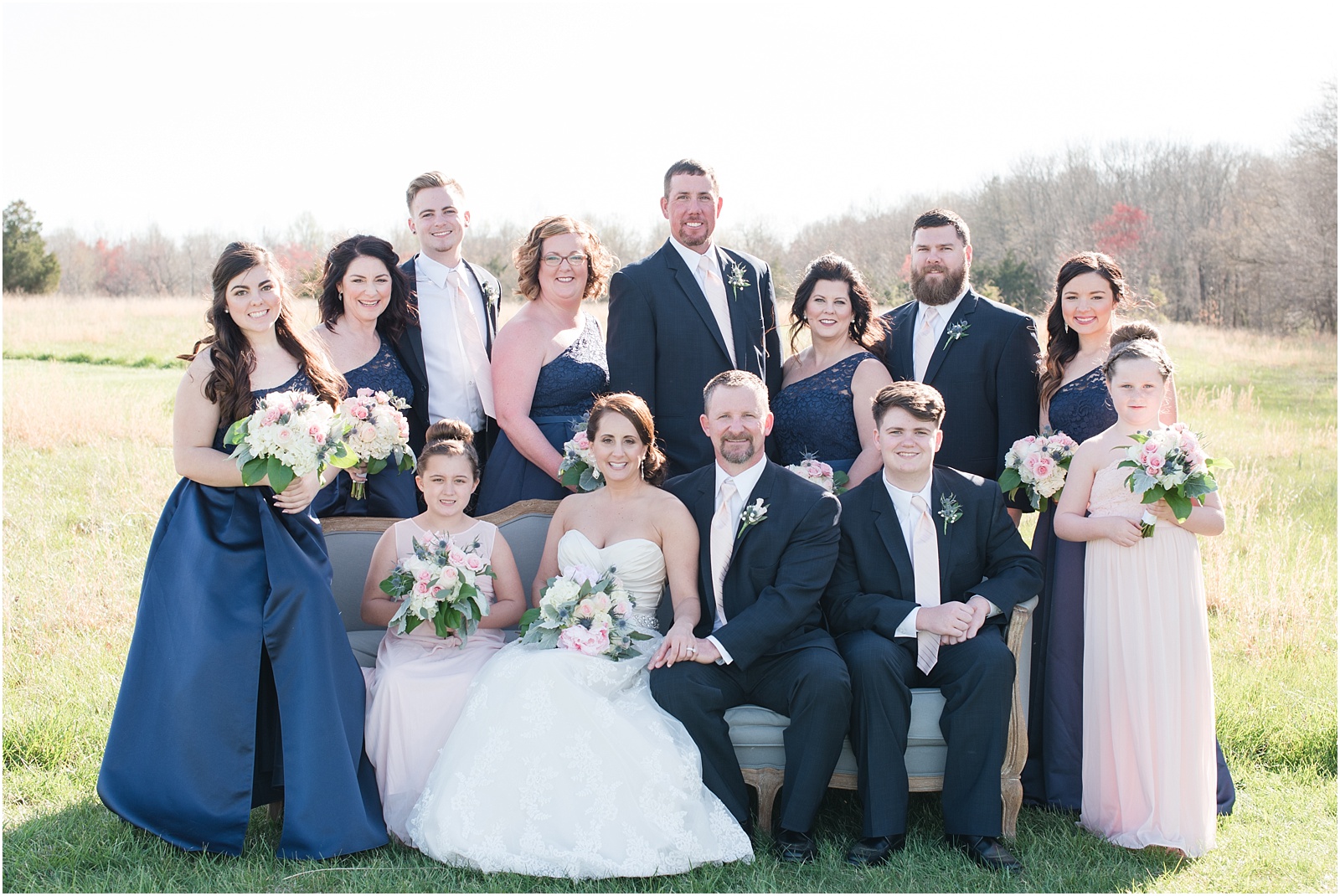 A Country Chic Starlight Meadows Wedding, Burlington NC, Outdoor wedding, blush wedding bouquet, vintage couch, gray vintage couch, bridal party photographs, bridal party, navy blue bridal party 