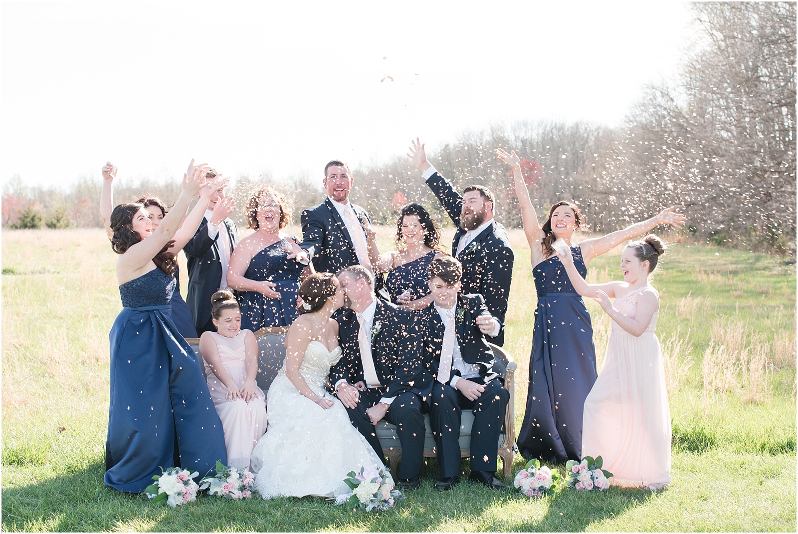 A Country Chic Starlight Meadows Wedding, Burlington NC, Outdoor wedding, blush wedding bouquet, vintage couch, gray vintage couch, bridal party photographs, bridal party, navy blue bridal party
