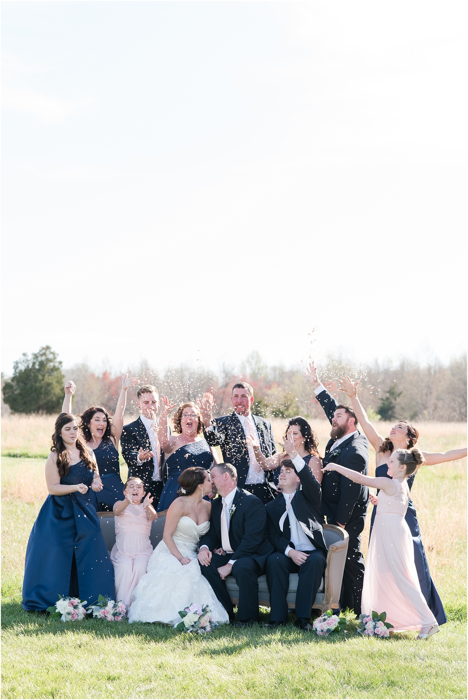 A Country Chic Starlight Meadows Wedding, Burlington NC, Outdoor wedding, blush wedding bouquet, vintage couch, gray vintage couch, bridal party photographs, bridal party, navy blue bridal party, confetti, bridal party confetti