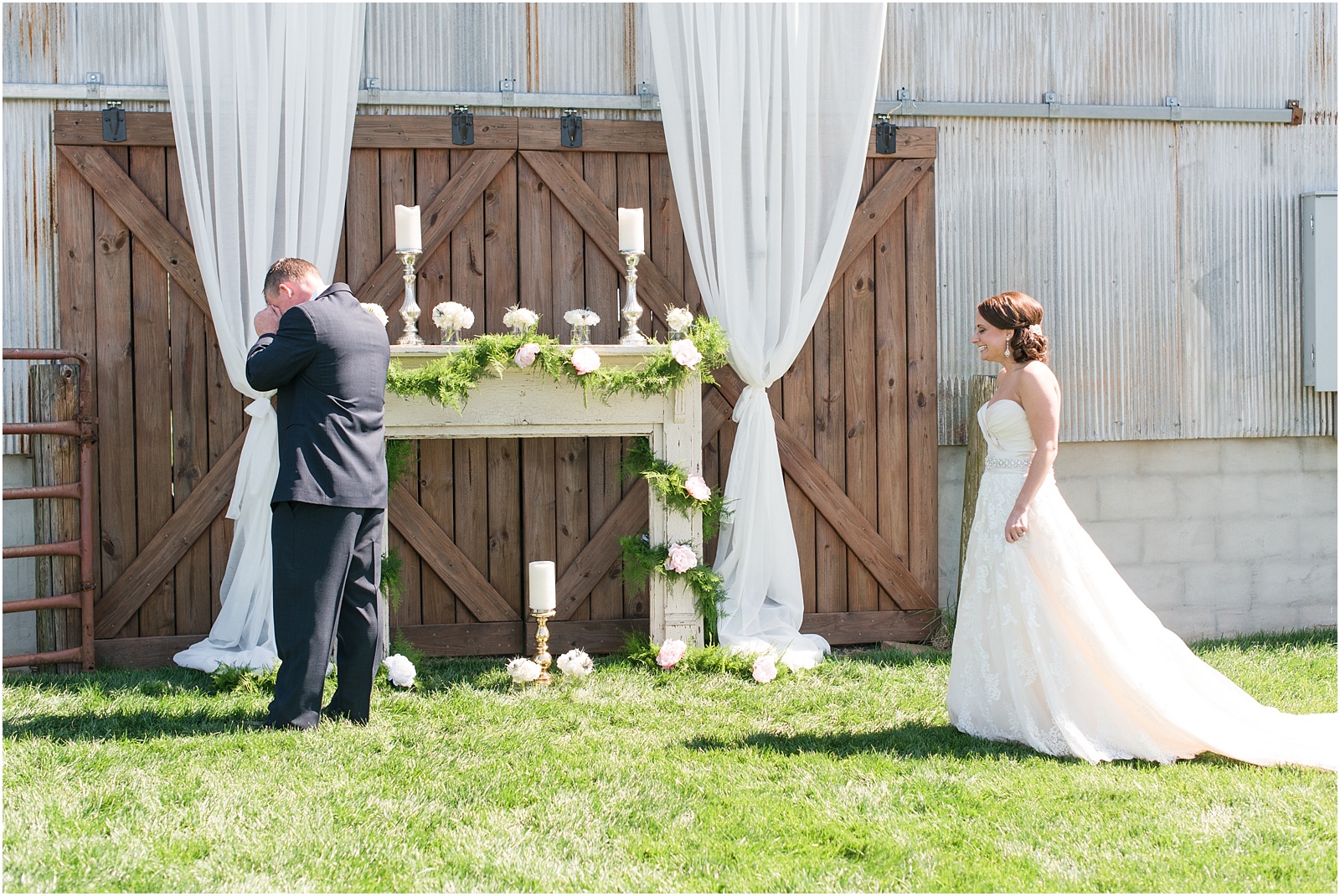 A Country Chic Starlight Meadows Wedding, Burlington NC, ceremony details, ceremony centerpiece, ceremony greenery, outdoor wedding ceremony, outdoor wedding ceremony centerpiece, Starlight Meadows, Flowers By Gary, first look, bride and groom first look