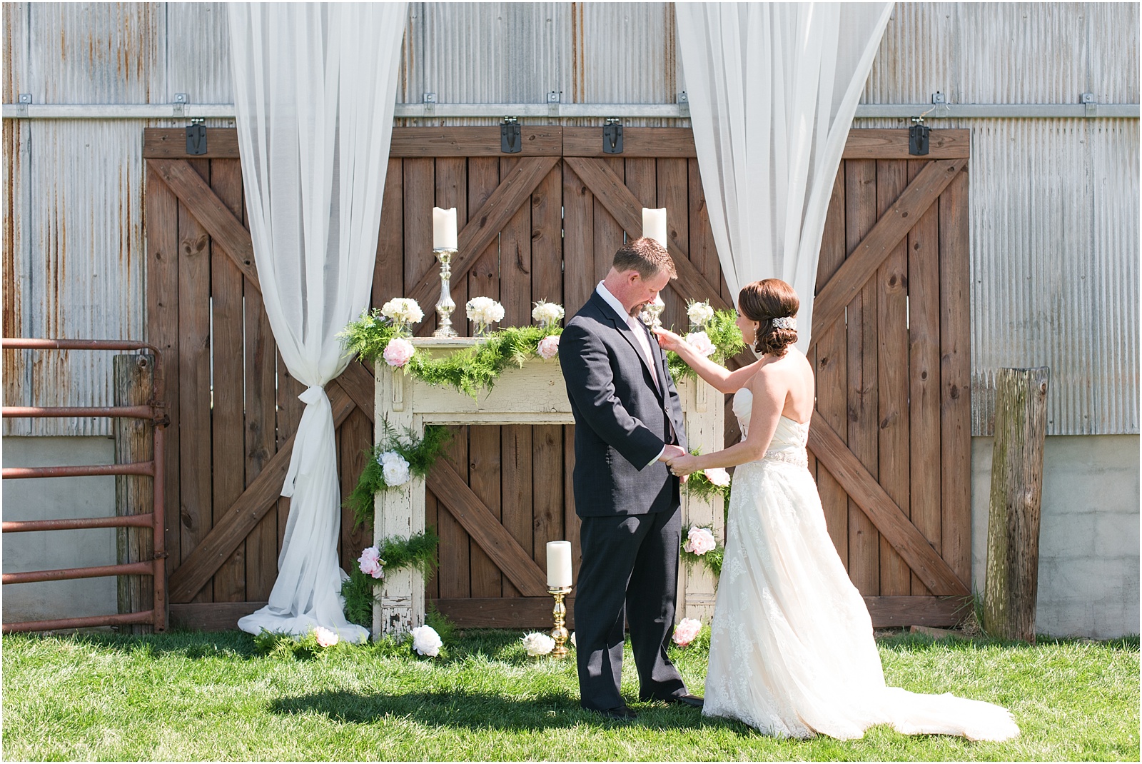 A Country Chic Starlight Meadows Wedding, Burlington NC, ceremony details, ceremony centerpiece, ceremony greenery, outdoor wedding ceremony, outdoor wedding ceremony centerpiece, Starlight Meadows, Flowers By Gary, first look, bride and groom first look