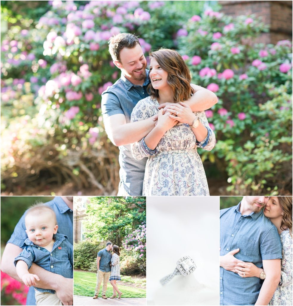 a photo collage of an engagement session at elon college with bride wearing blue floral dress and fiance wearing denim shirt with khaki pants