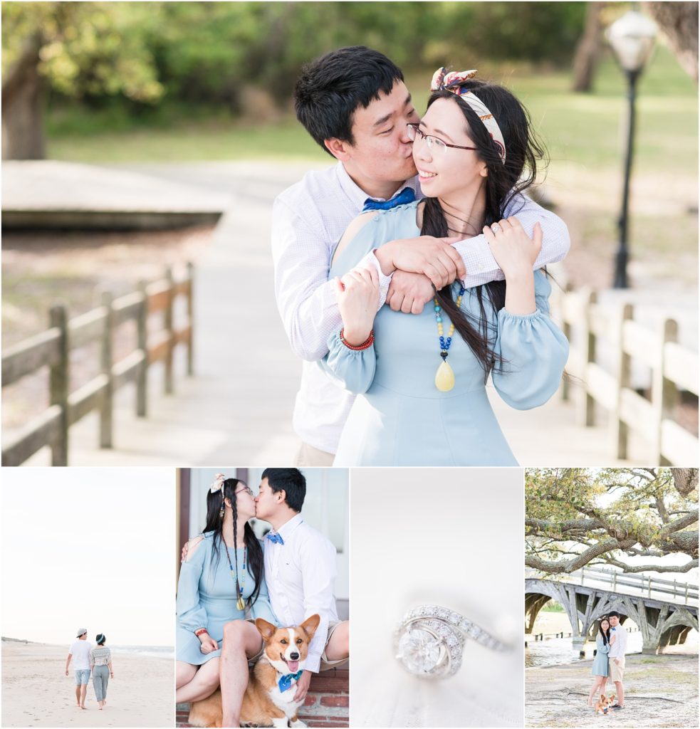 a photo collage of bride and groom at Corolla Beach NC and Whalehead club wearing a blue dress and the fiance wearing a pink shirt with blue bowtie with corgi