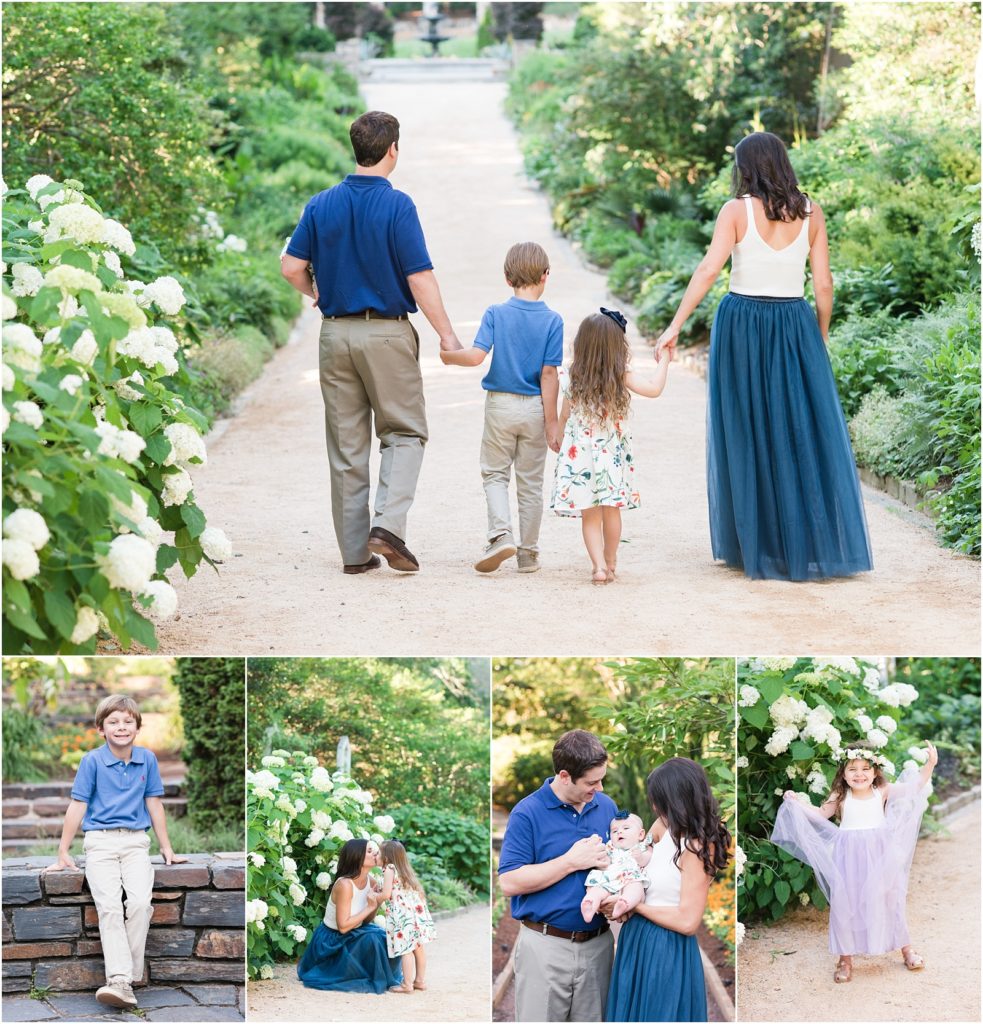 a photo collage of a lifestyle family session at Duke Gardens NC with navy, ivory, khaki, and garden accents