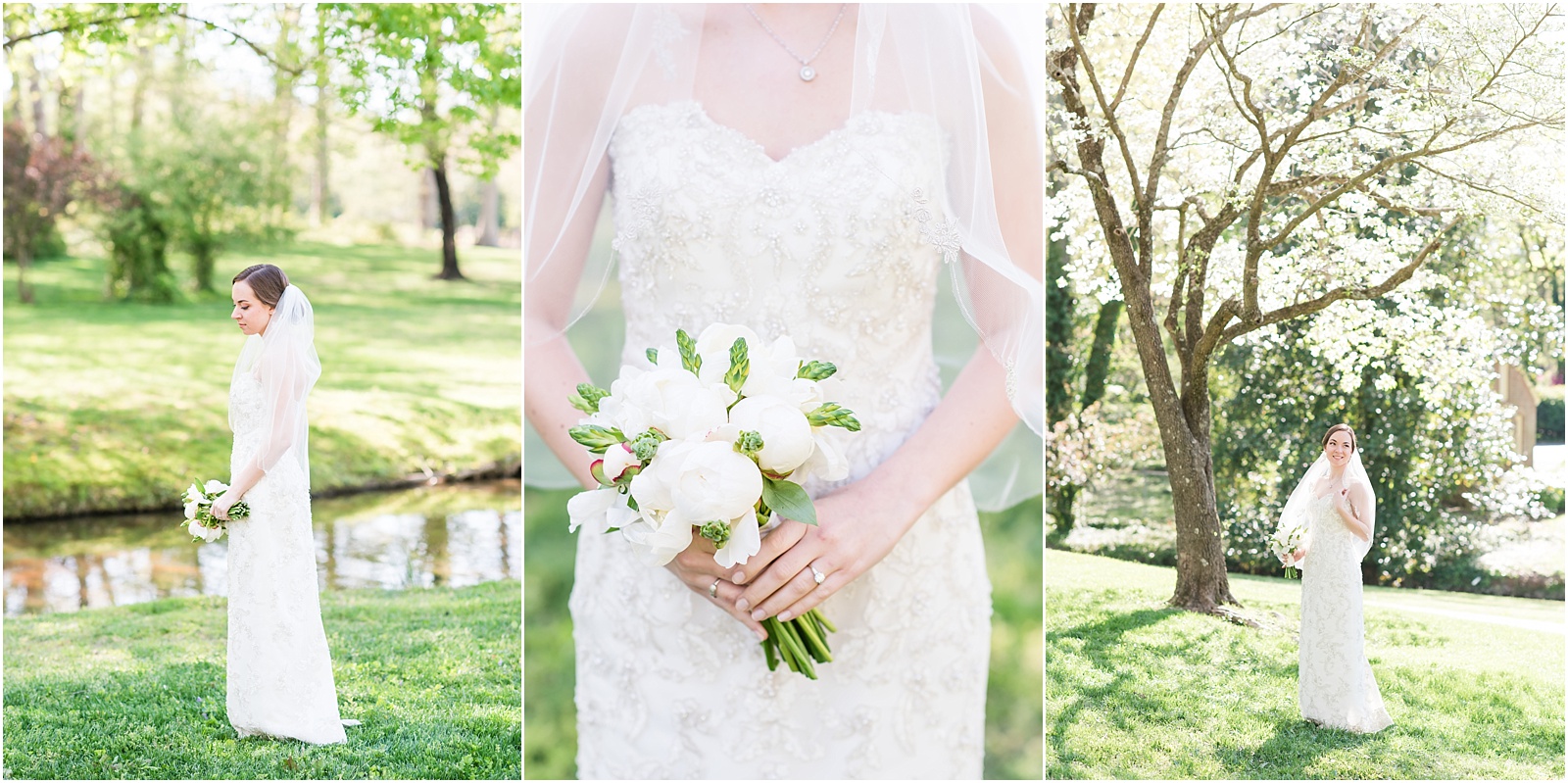 a bridal session outside with lush trees and white and green bridal bouquet at a Home Estate