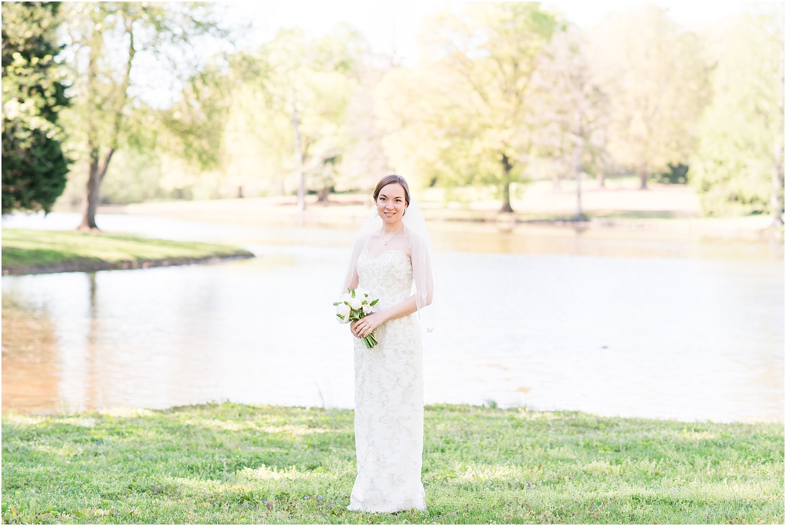 bride standing in front of pond at a Home Estate bridal session