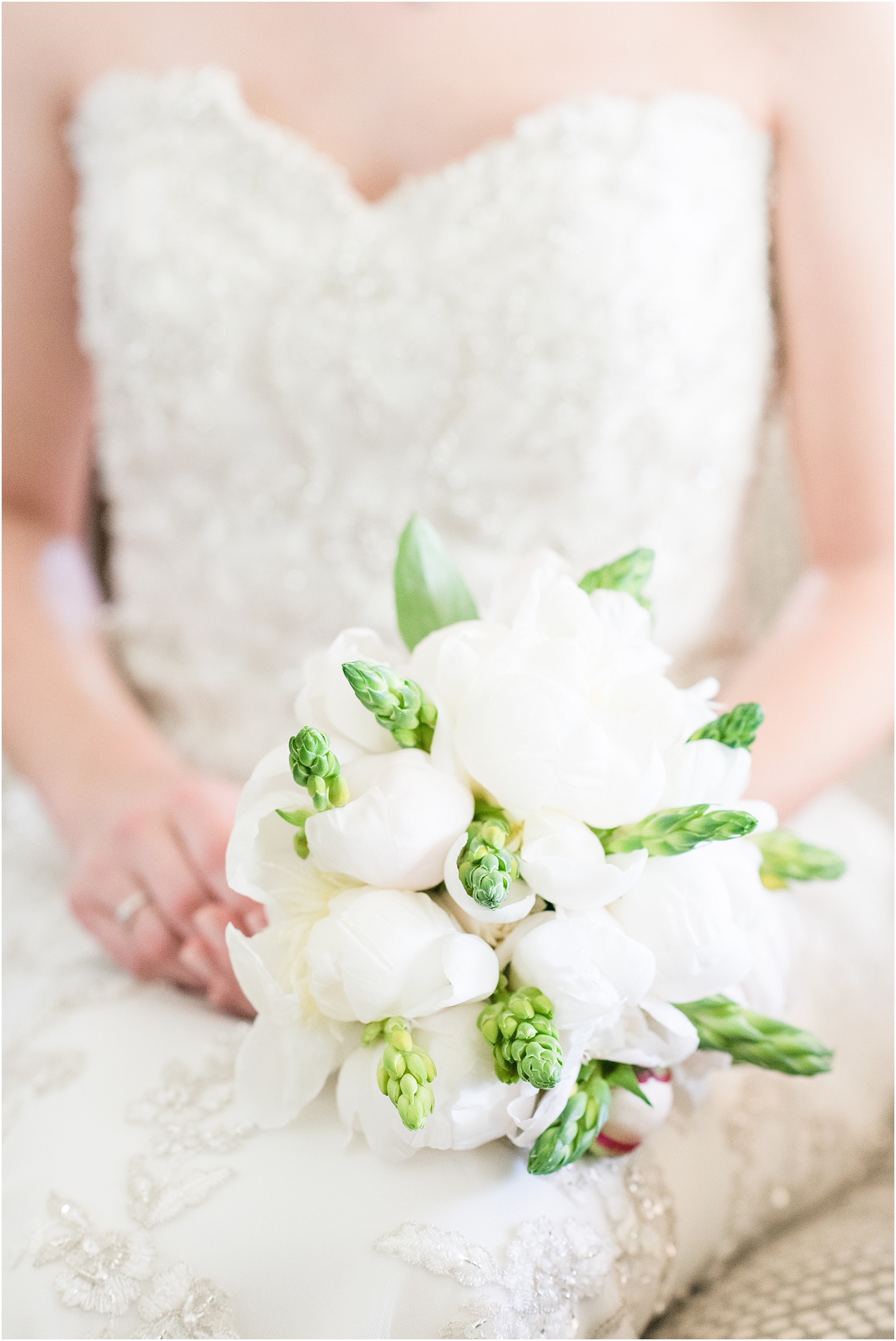 white and green bridal bouquet detail at a Home Estate bridal session