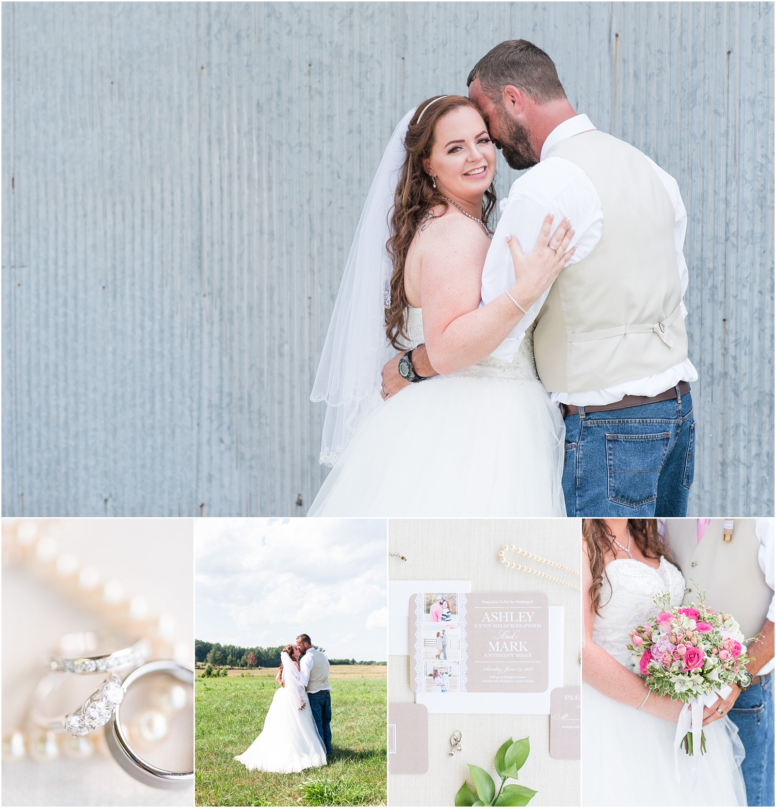 a group collague of an outdoor wedding with a couple, details of the rings and bridal bouquet, and wedding invitation at Starlight Meadow