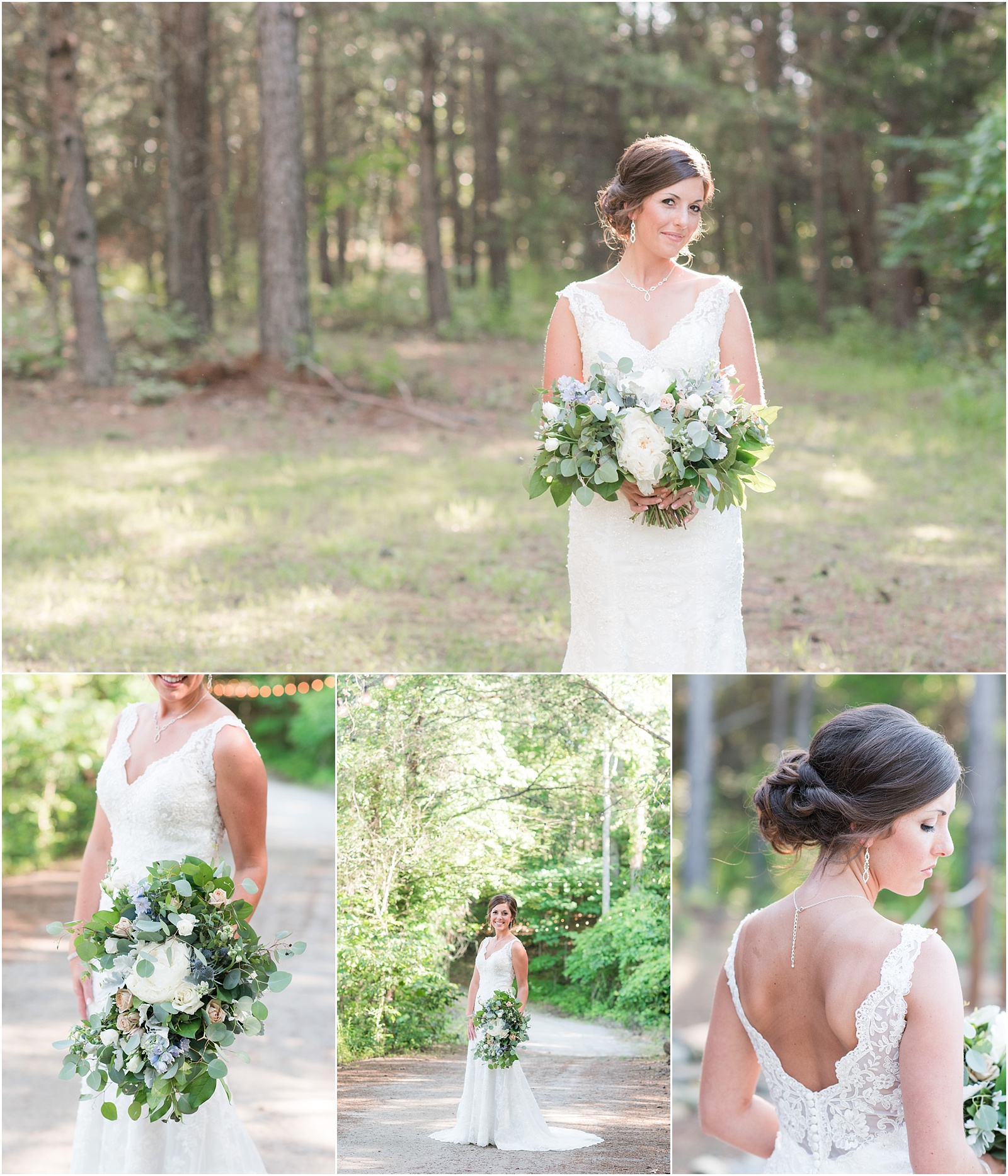 a outside bridal session with lush green and blue floral details at The Meadows At Walnut Cove