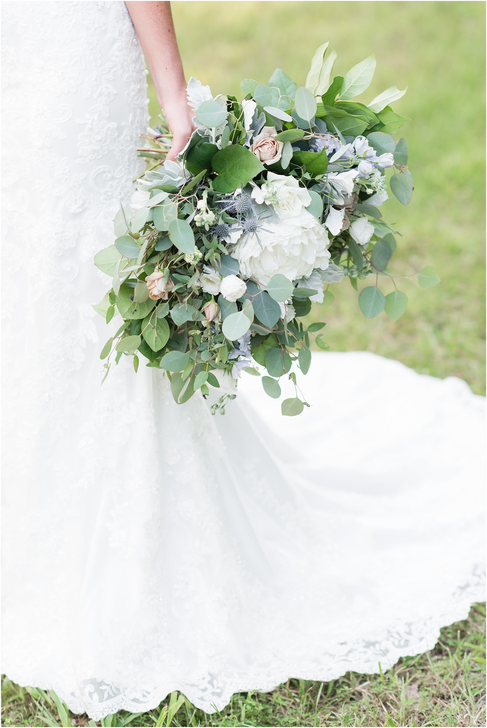 lush green, white, blush, and blue bridal session bouquet at The Meadows At Walnut Cove