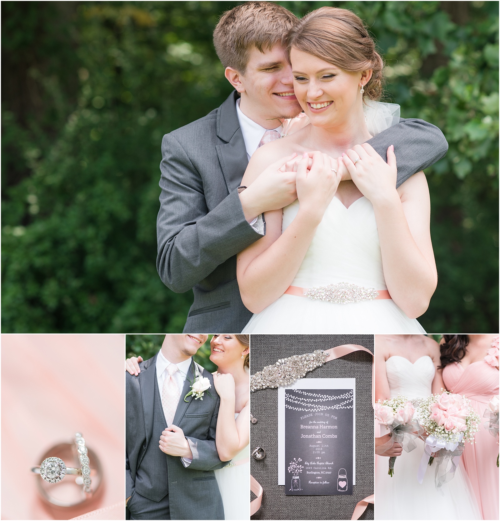 a couple snuggling into each other with pink and gray wedding details with pink roses at City Lake Baptist Church