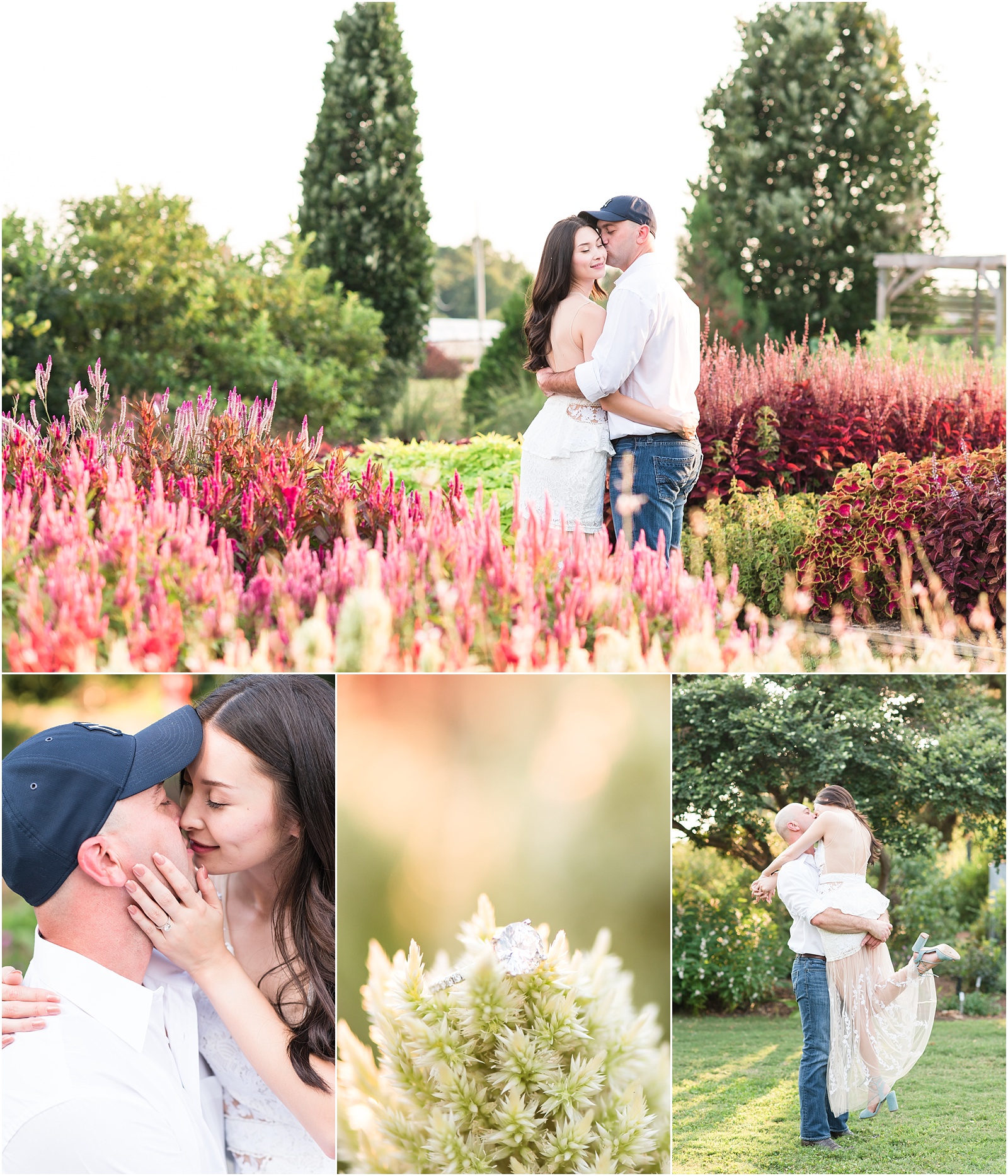engagement session photo college in flower garden with close up ring shot, gentlemen lifting lady in white dress, close up intimate almost kissing photograph at JC Raulston Arboretum