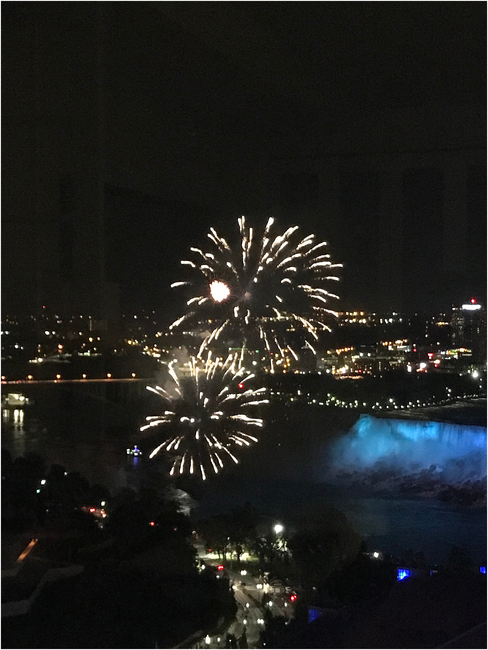 Nightime Firework display over Niagara Falls Ontario Canada