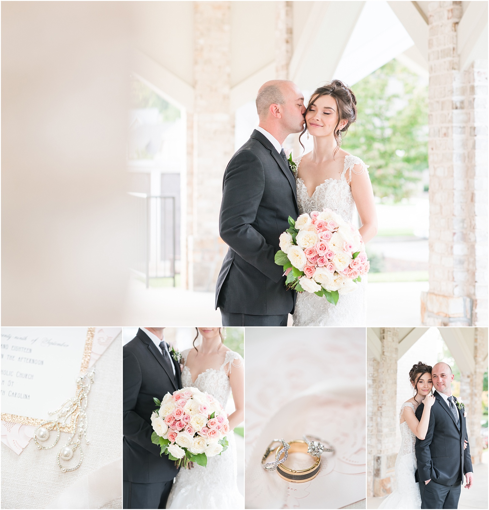 a wedding day collage with bride and groom looking at camera, bride and groom kissing, bride and groom holding wedding bouquet, bride and groom wedding rings