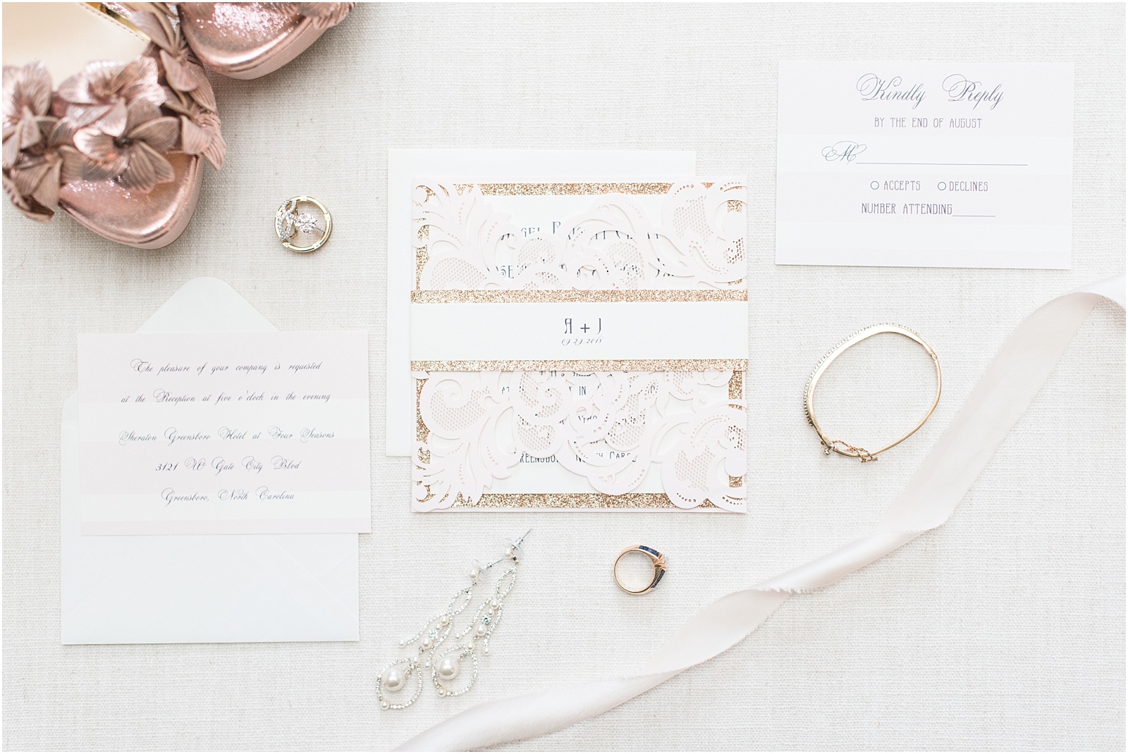 overall invitation suite with rose gold wedding heels with jewerly 