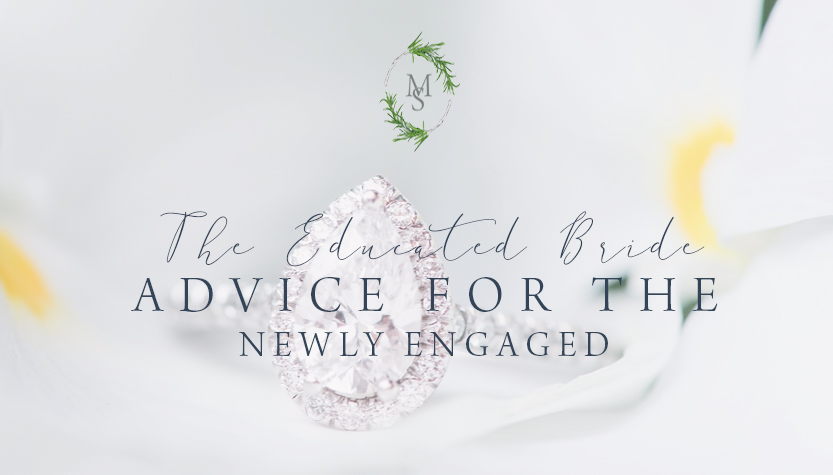an oval shaped engagment ring on top of white flowers with text overlay talking about advice for newly engaged couples