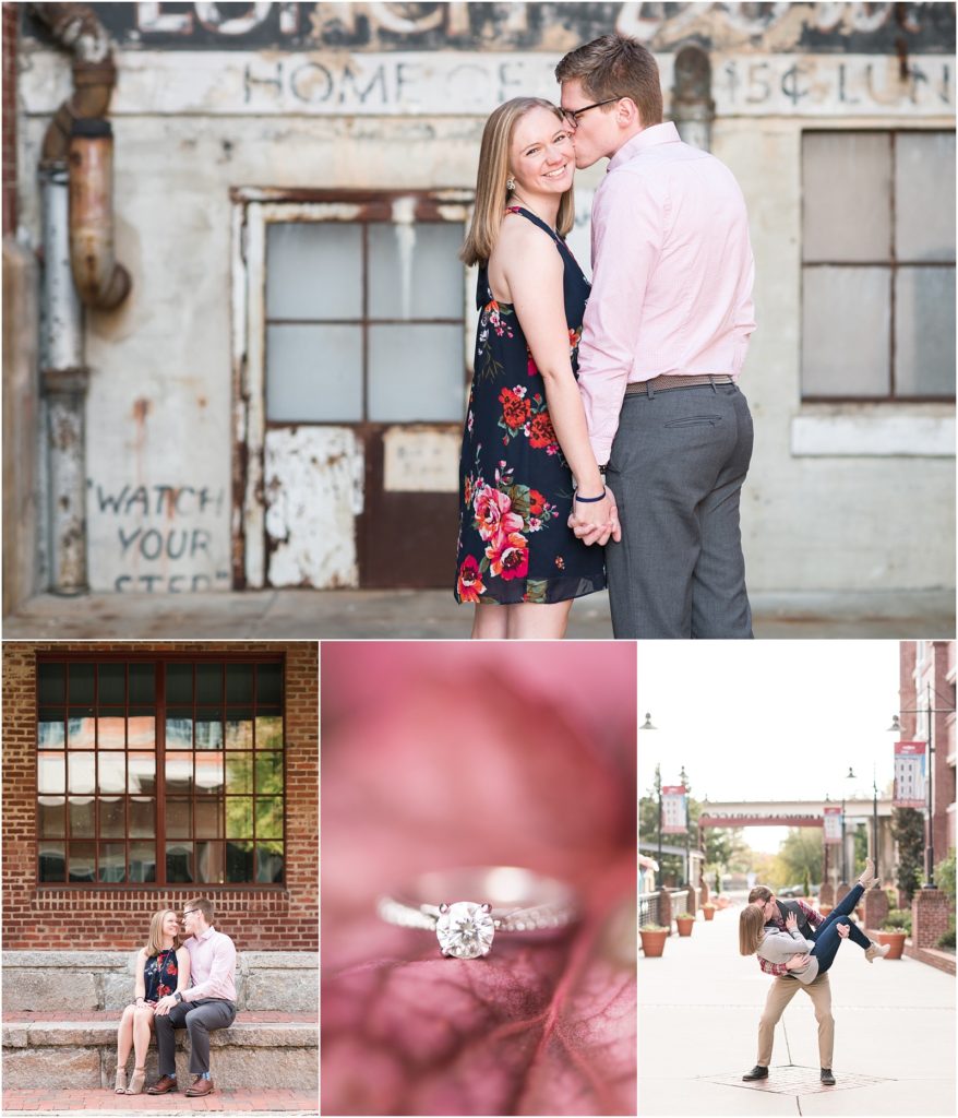 a photo collage of an engagement session at american tobacco campus with a couple kissing, dipping,sitting on a bench looking at each other and kissing each his fiance on the cheek